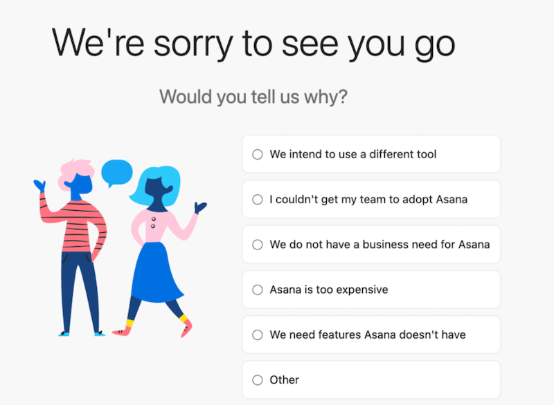 Asana's "we're sorry to see you go" page