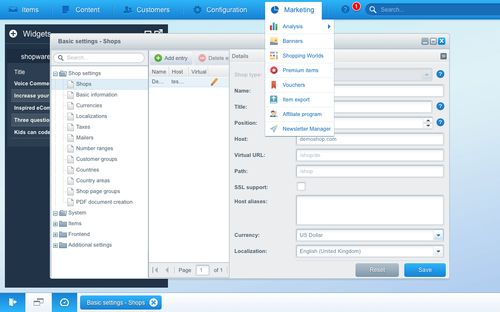 shopware settings page